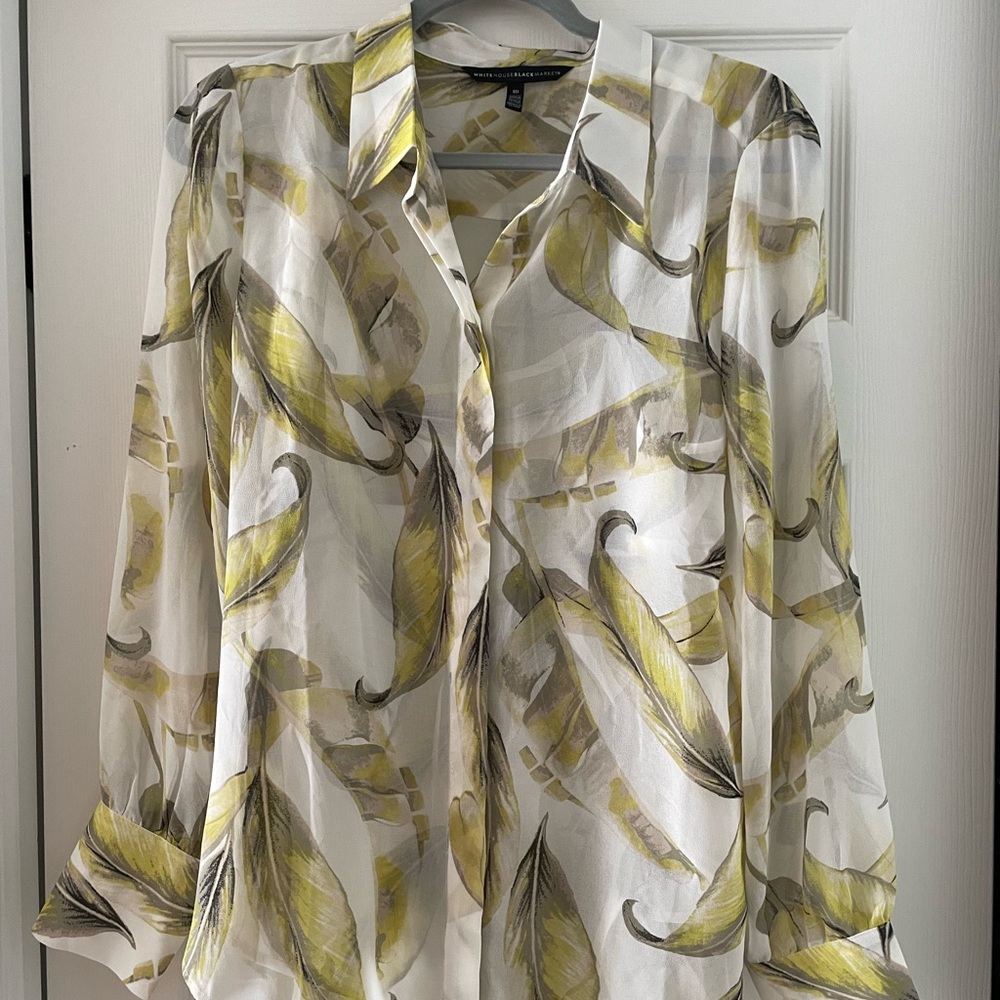 WHBM sheer blouse features rich, verdant leaves and a camisole.
